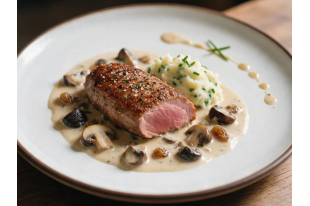 BICHE EN FILET, PUREE DE CIBOULETTE ET COMPOTEE BOURGUIGNONNE