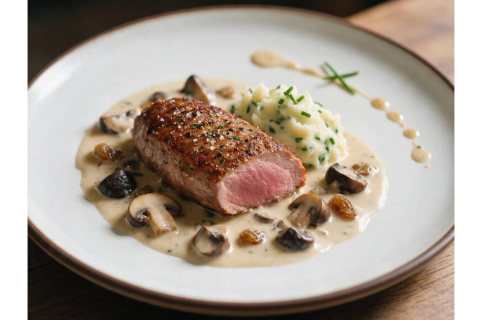 BICHE EN FILET, PUREE DE CIBOULETTE ET COMPOTEE BOURGUIGNONNE