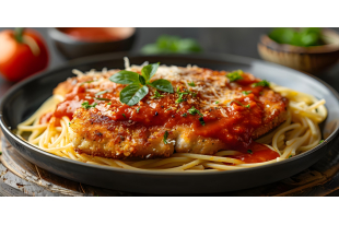 Escalope milanaise, sauce aux tomates semi-séchées