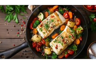 PAVE DE LIEU POELE AUX EPICES ET LEGUMES ROTIS