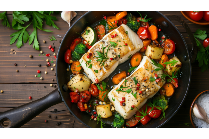 PAVE DE LIEU POELE AUX EPICES ET LEGUMES ROTIS