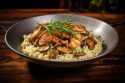 POULET A L'ESTRAGON, RIZ AUX CHAMPIGNONS FACON RISOTTO ET COMPOTE MAISON
